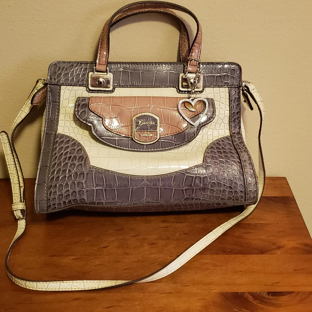 Guess Croc-Embossed Satchel in Pink Gray and Cream